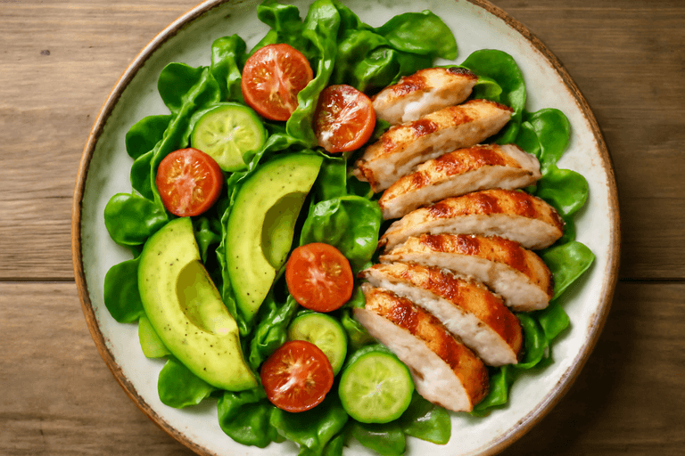 Sałatka z grillowanym kurczakiem, awokado i warzywami