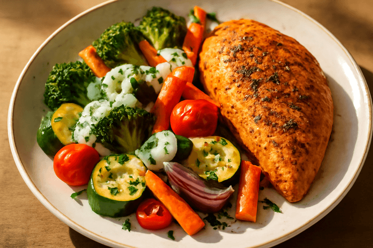Ugnsbakad kyckling med grönsaker & örtig yoghurtdressing