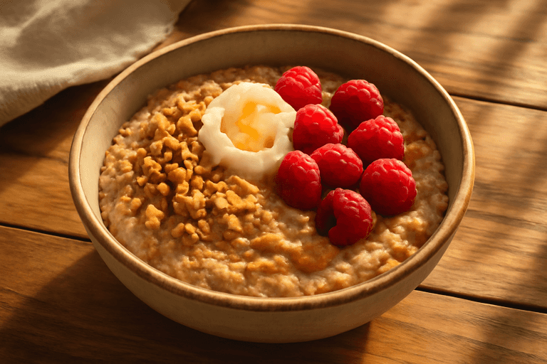 Lekka owsianka z malinami i orzechami