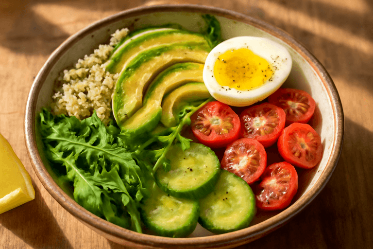 Wegetariańska miska mocy z komosą ryżową i awokado