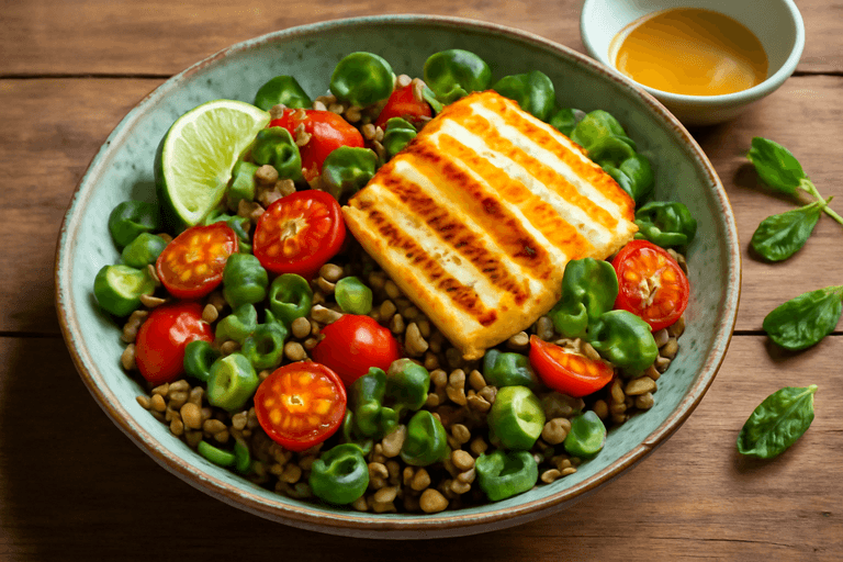 Lekka sałatka z soczewicą i grillowanym halloumi