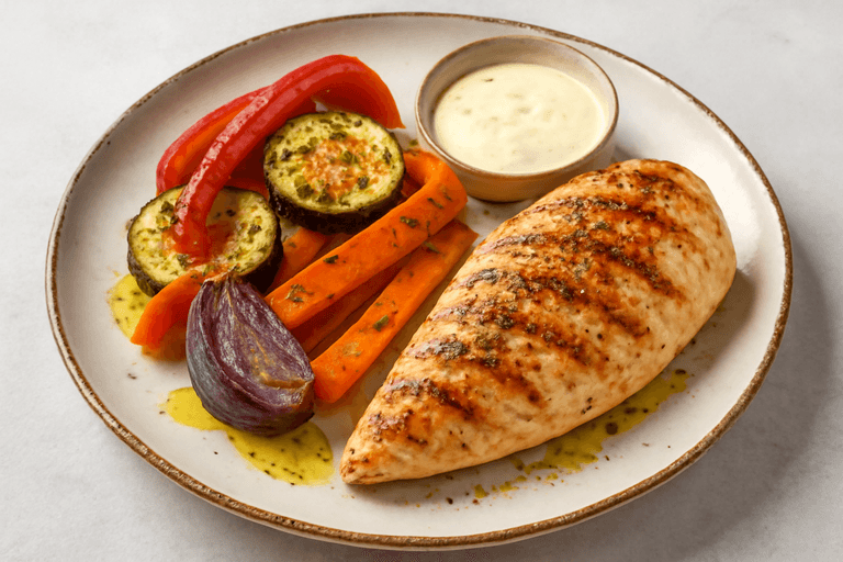 Κοτόπουλο Σχάρας με Λαχανικά και Ελαφριά Σως Γιαουρτιού