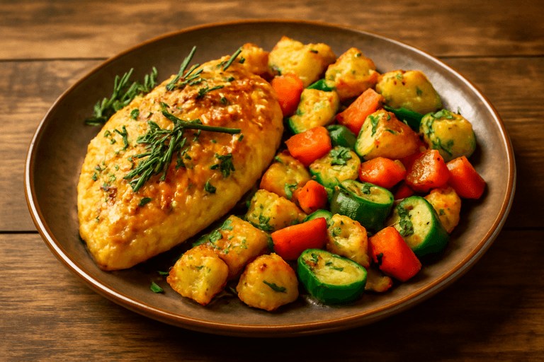 Klassisches Zitronen-Kräuter-Hähnchen mit Ofengemüse