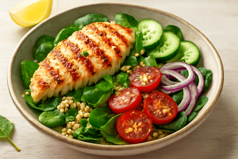 Lätt kycklingsallad med fullkornsbulgur och färska grönsaker