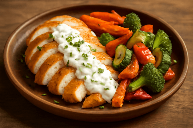 Krispig kyckling med rostade grönsaker och örtig yoghurtsås