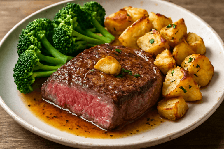 Herzhaftes Rindersteak mit Ofenkartoffeln und Brokkoli