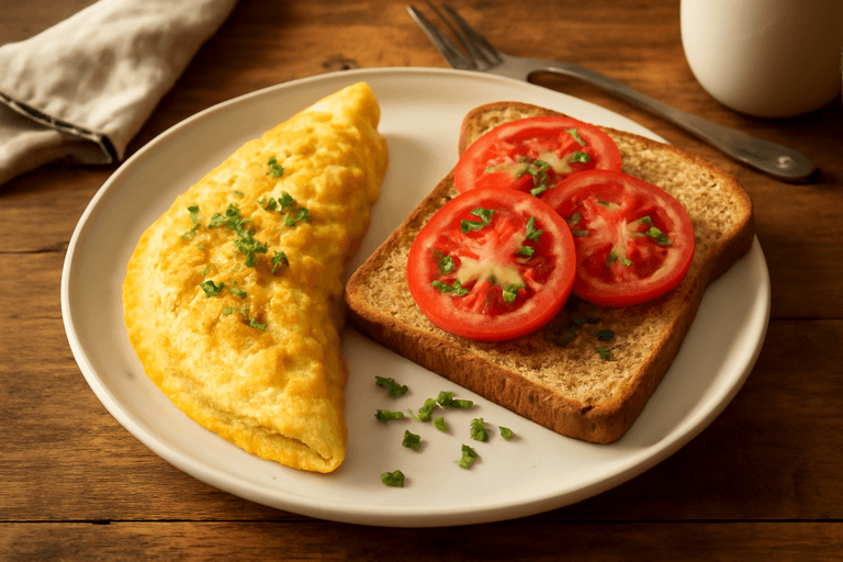 Klassisches Omelett mit Vollkornbrot und Tomaten