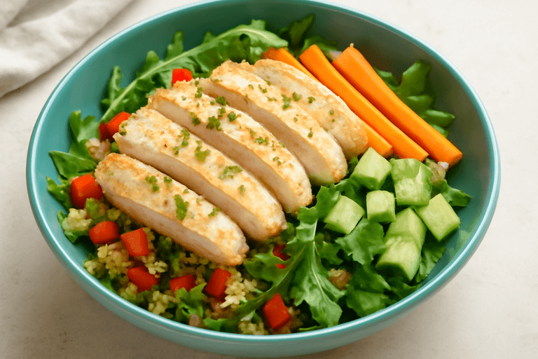 Leichter Hähnchensalat mit Quinoa und Gemüse