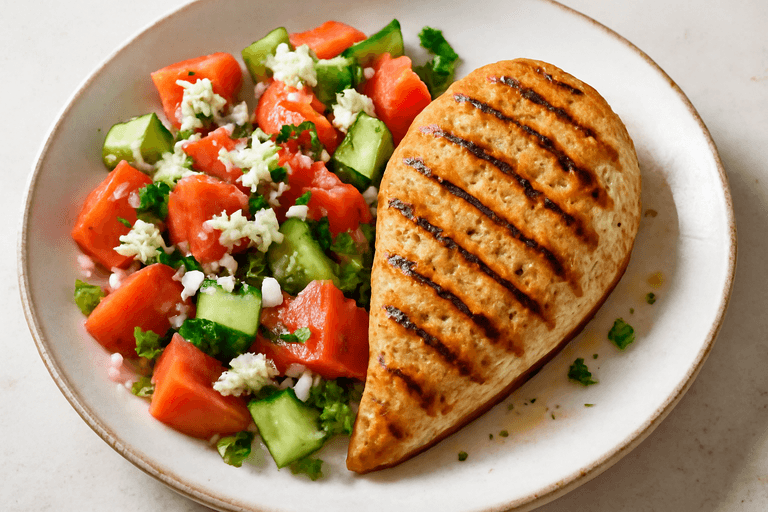 Κοτόπουλο στη Σχάρα με Σαλάτα Ντομάτας & Λεμονάτο Ντρέσινγκ