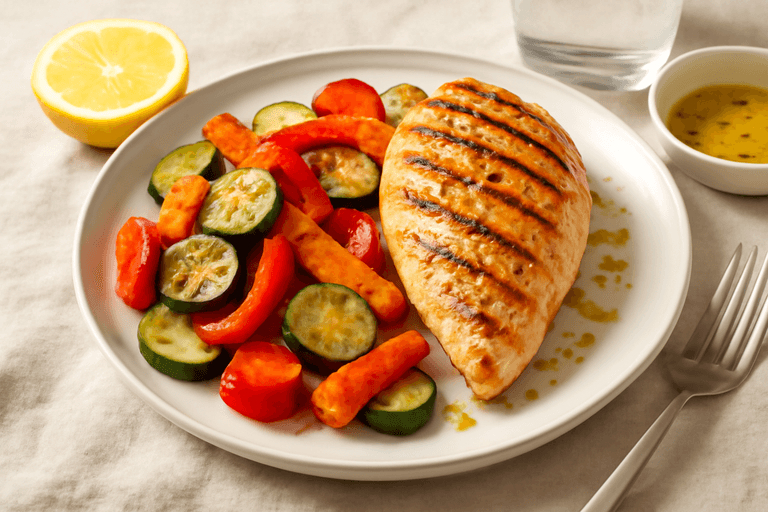 Κοτόπουλο φιλέτο με ψητά λαχανικά και δροσερή vinaigrette λεμονιού