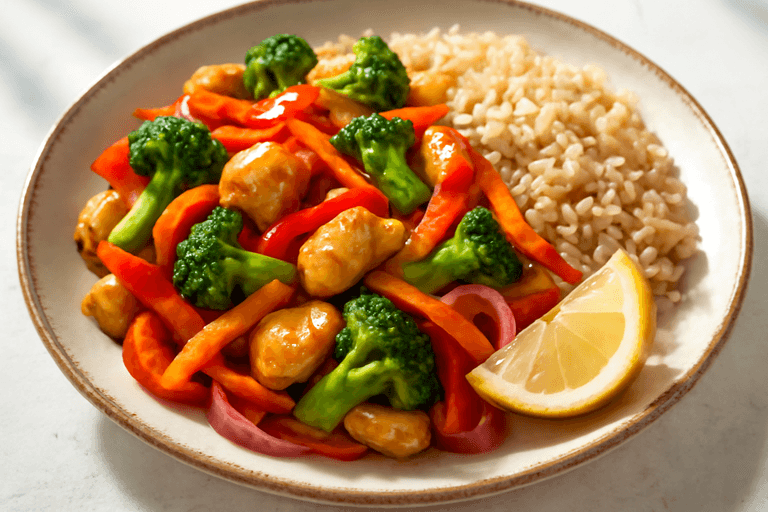 Kyckling- & grönsakswok med fullkornsris