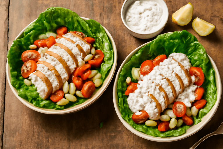 Lekkie sałatkowe miseczki z kurczakiem i warzywami