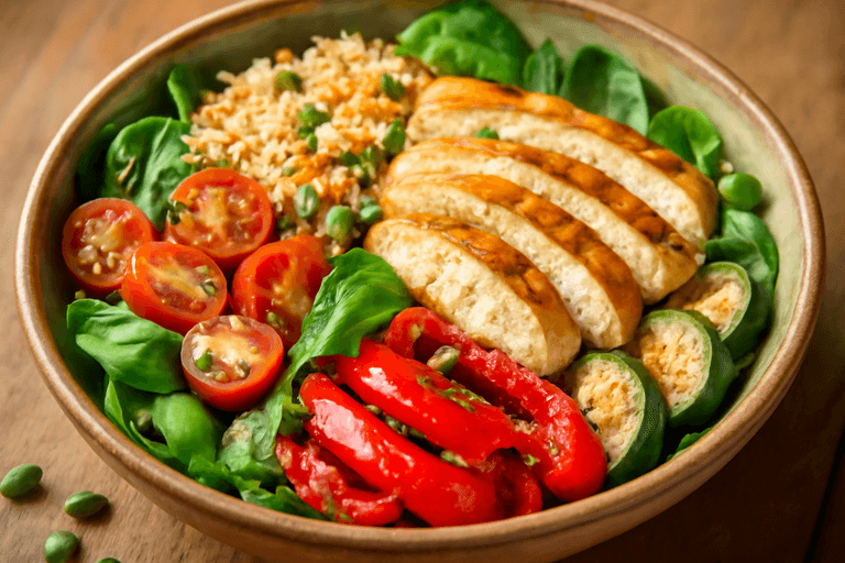 Energigivande kycklingsallad med rostade grönsaker