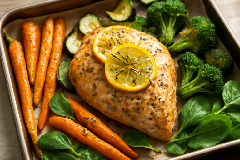 Klassisk ugnsbakad kycklingfilé med grönsaker