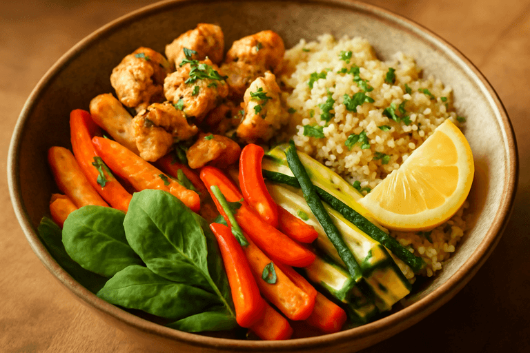 Poulet sauté aux légumes colorés et quinoa