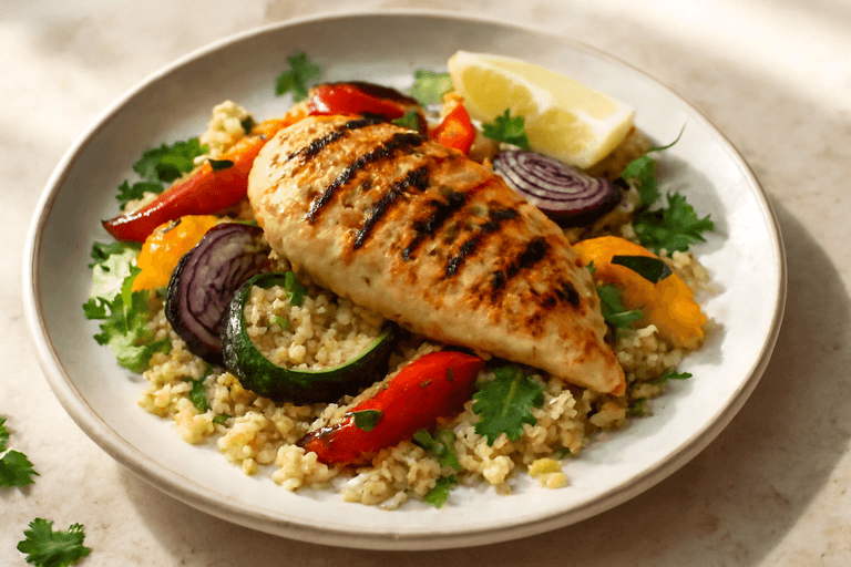 Куриное филе с овощами на гриле и киноа