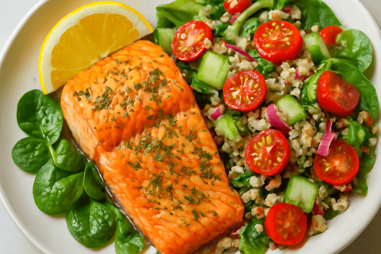 Ugnsbakad lax med quinoa och grönsakssallad