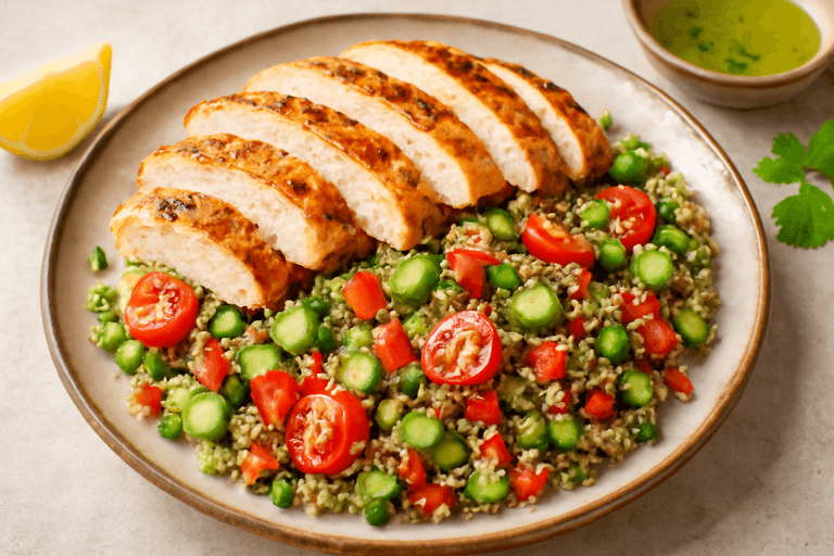 Κοτόπουλο σχάρας με πολύχρωμη σαλάτα κινόα