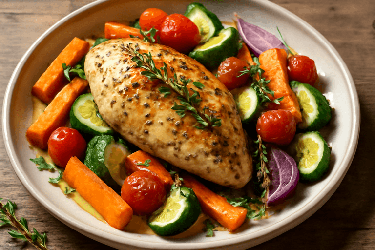 Poulet rôti aux herbes et légumes de saison