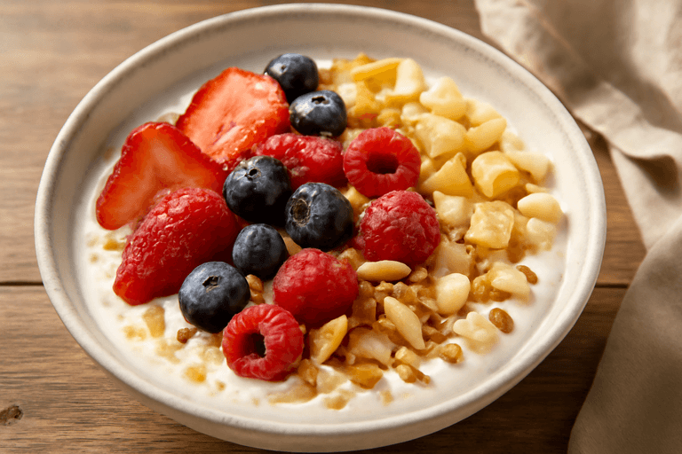 Leichter Frühstücksquark mit Beeren & Mandeln