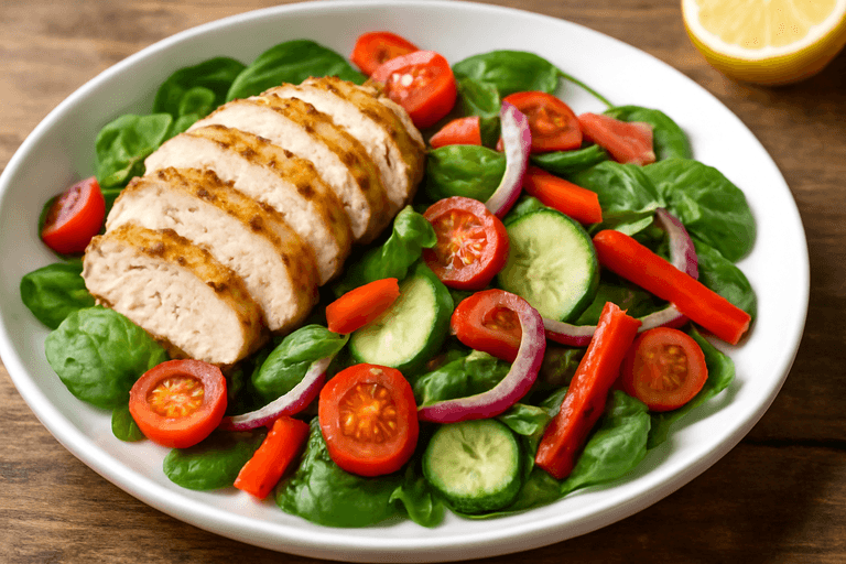 Klassisk kycklingsallad med rostade grönsaker