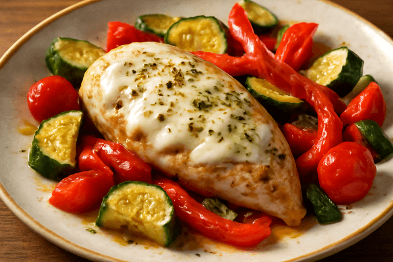 Kycklinggratäng med Rostade Grönsaker och Lätt Ost