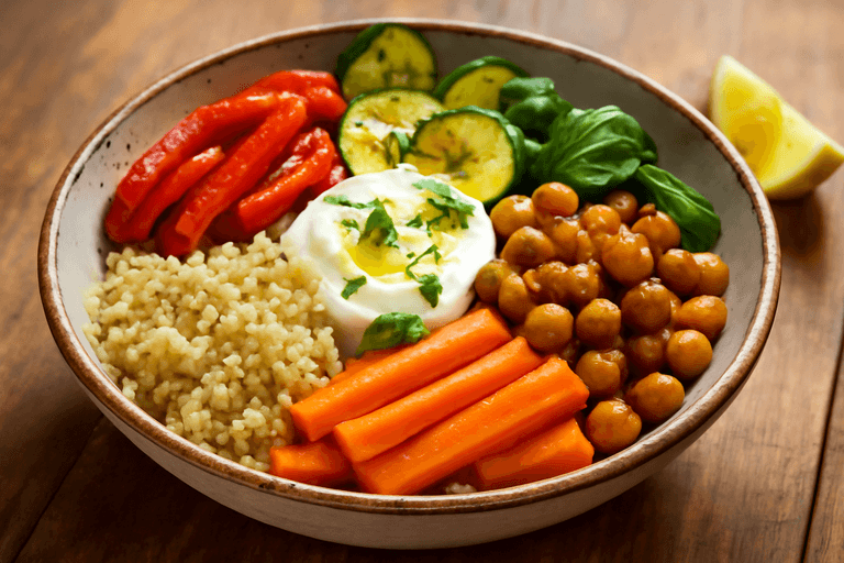 Tazón Vegetariano de Quinoa con Garbanzos y Verduras Asadas