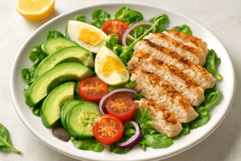Lekka sałatka z grillowanym kurczakiem, awokado i jajkiem