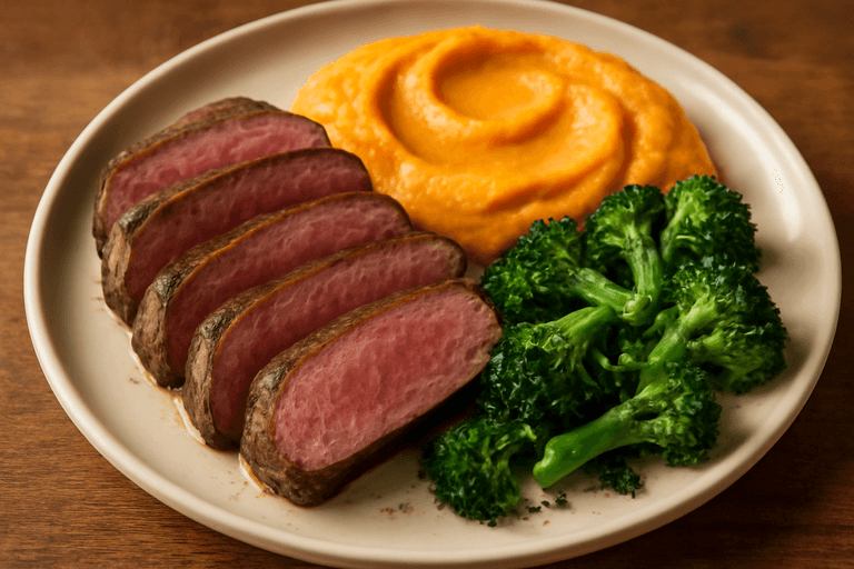 Proteinreiches Rindersteak mit Süßkartoffelpüree & Brokkoli