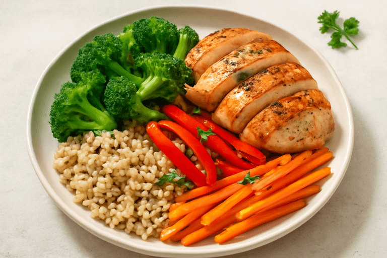 Proteinreiche Hähnchen-Bowl mit Vollkornreis und Gemüse