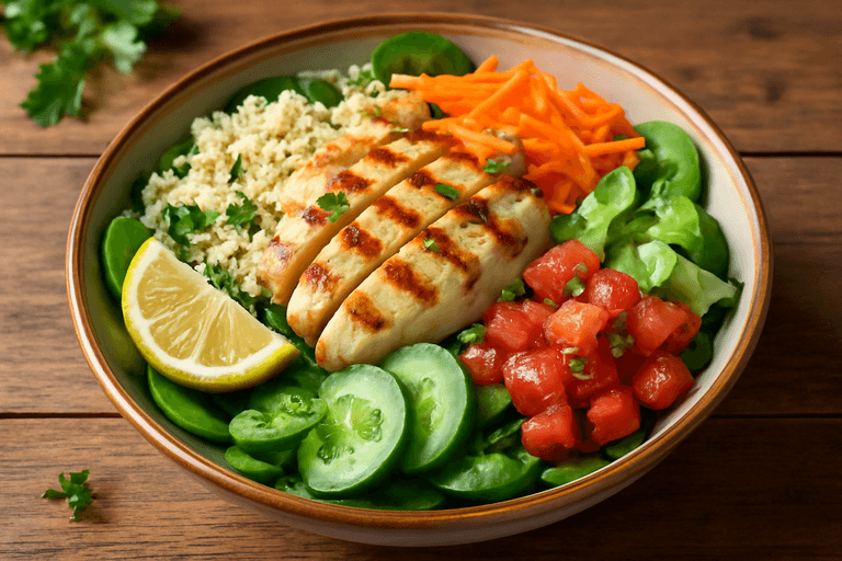Ensalada de pollo a la plancha con quinoa y vegetales frescos