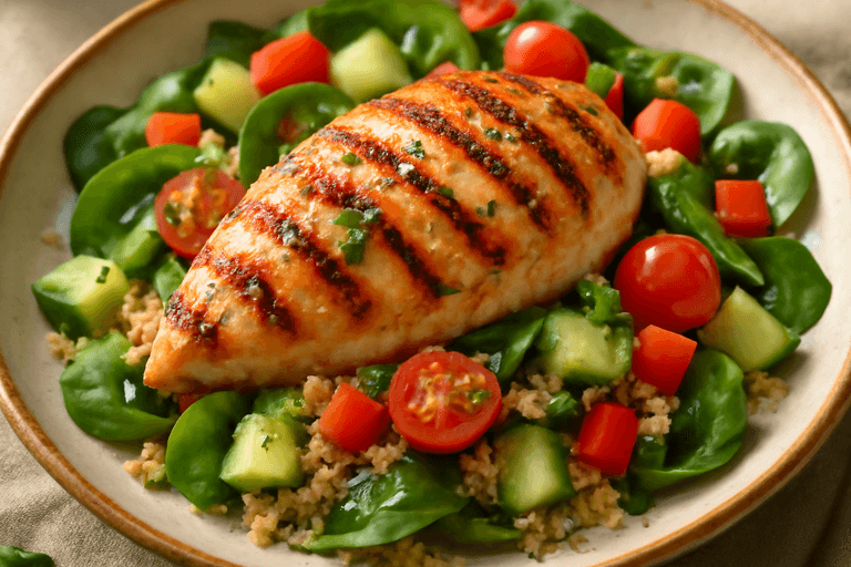 Ensalada tibia de pollo a la parrilla con quinoa y vegetales frescos