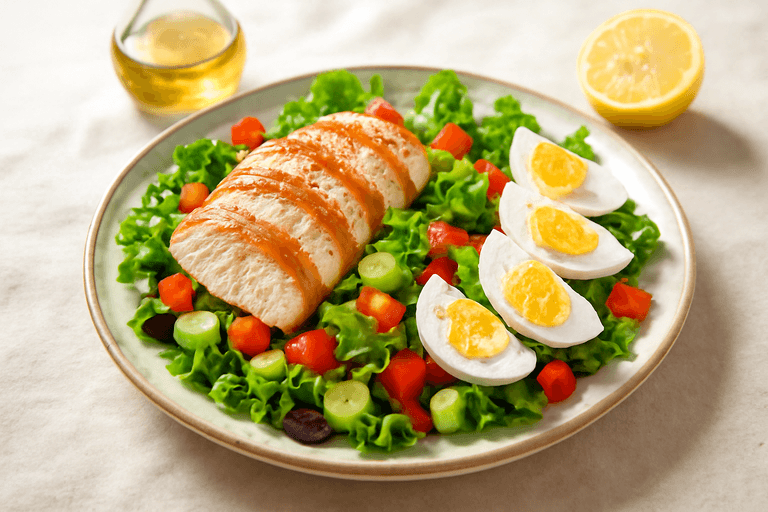Śniadaniowa sałatka z grillowanym kurczakiem i jajkiem
