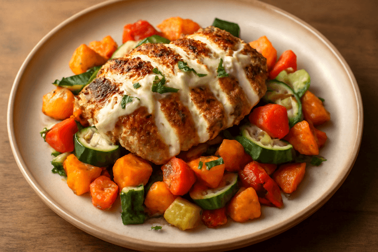 Ugnsbakad kycklingfilé med rostade grönsaker & citrondressing