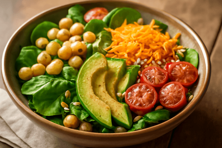 Ensalada templada de garbanzos, espinacas y aguacate