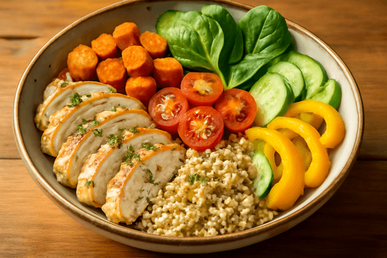 Kycklingsallad med rostade grönsaker och quinoa