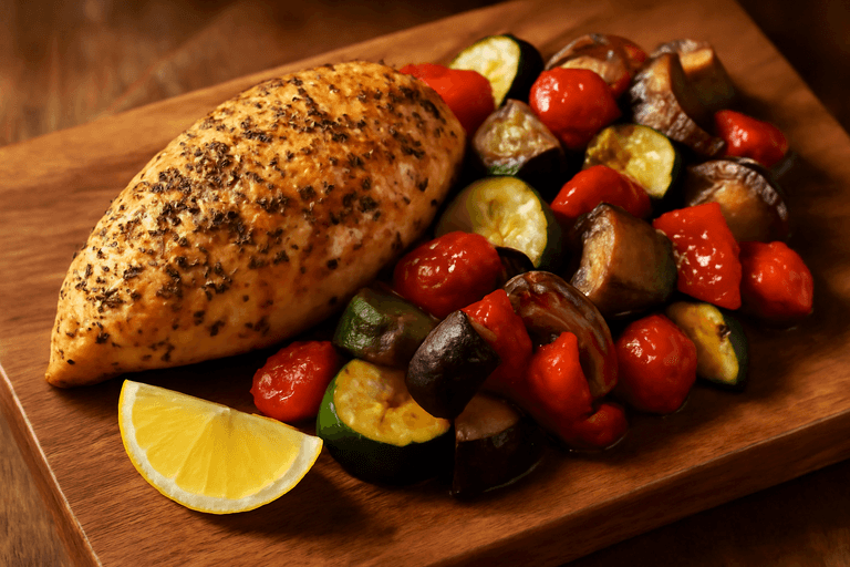 Pollo asado con verduras mediterráneas