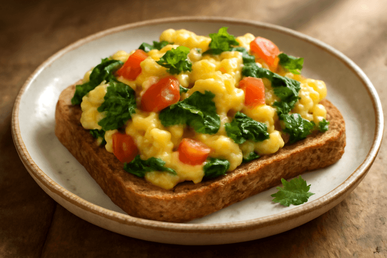Klassisk äggröra med tomat, spenat och fullkornsbröd