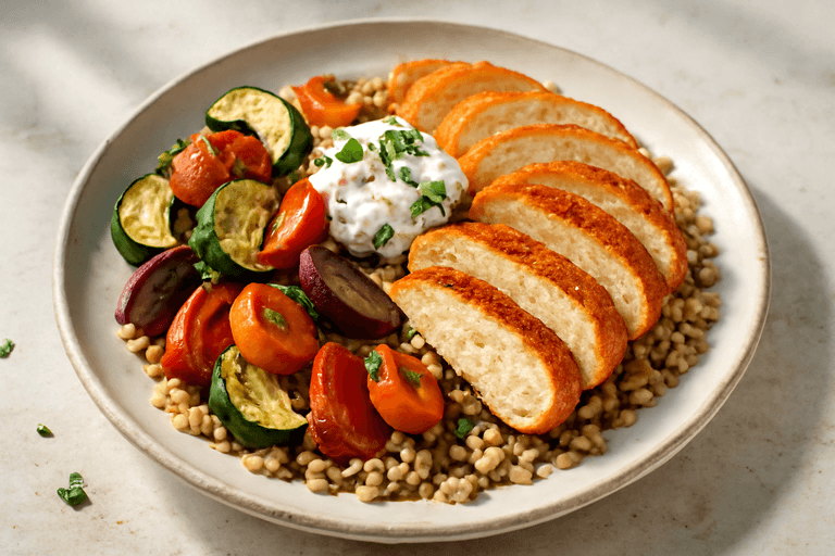 Kycklingfilé med rostade grönsaker och fullkornsbulgur