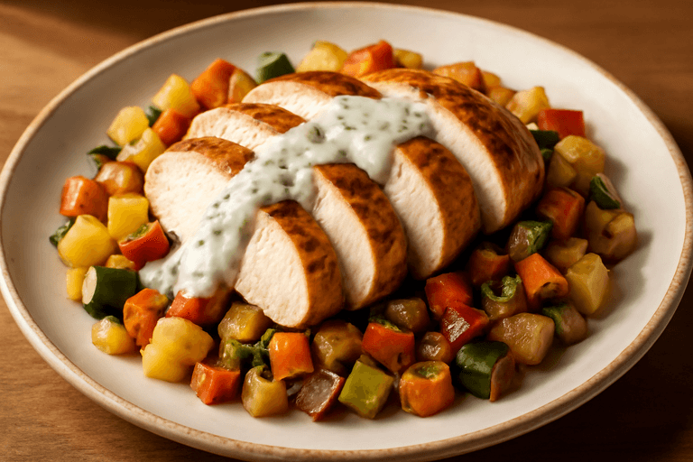 Saftig kycklingfilé med grönsakspytt och örtig yoghurt