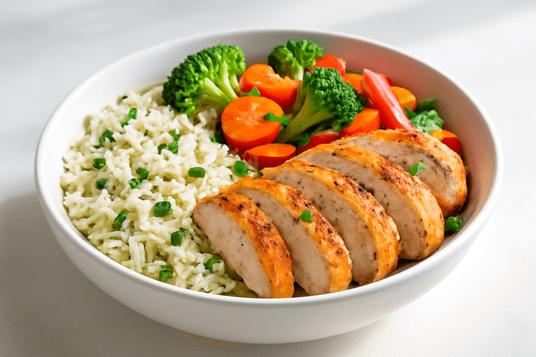 Proteinreiche Hähnchen-Bowl mit Gemüse und Reis