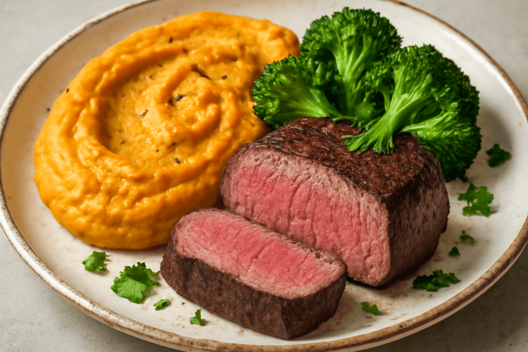 Proteinreiches Rinderfilet mit Süßkartoffelpüree & Brokkoli