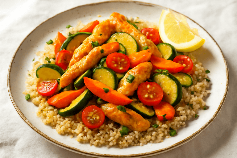 Bunte Gemüse-Hähnchen-Pfanne mit Quinoa