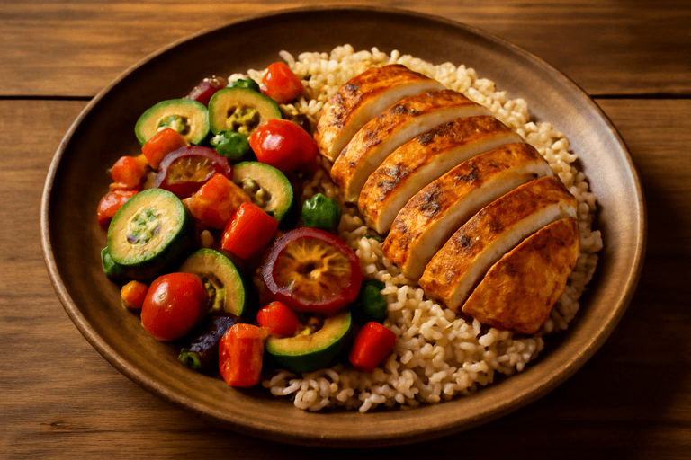 Hähnchenbrust mit mediterranem Gemüse und Vollkornreis