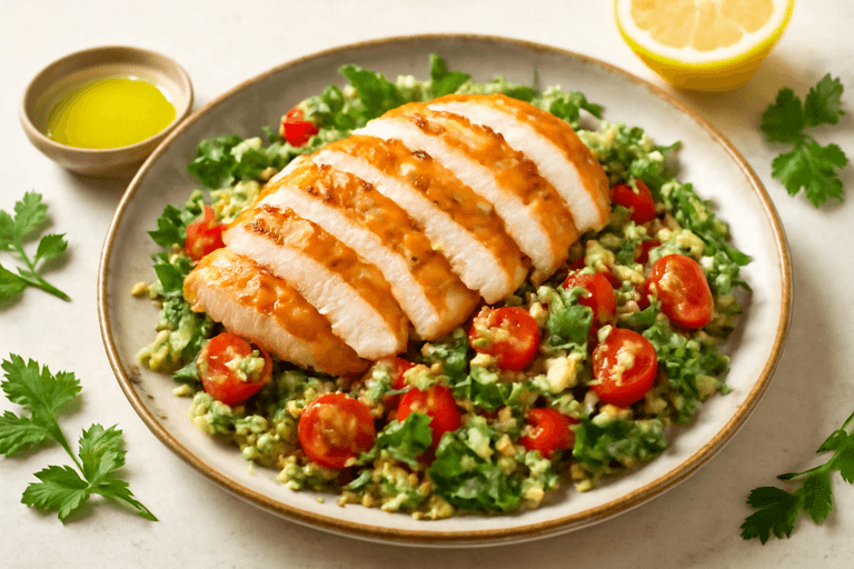 Grillowana pierś z kurczaka na sałatce z kaszą bulgur i warzywami