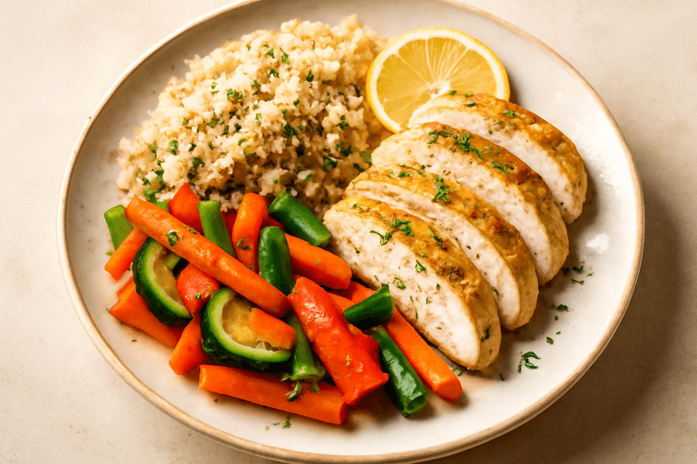 Lätt kycklingfilé med rostade grönsaker och quinoa