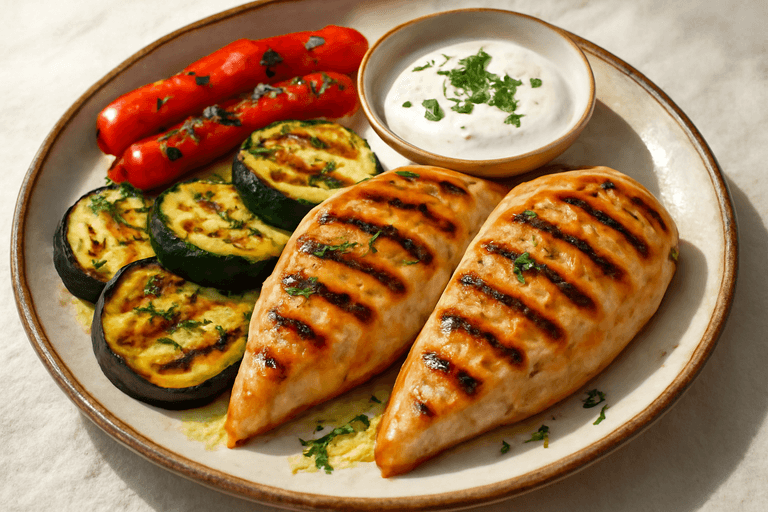 Κοτόπουλο σχάρας με ψητά λαχανικά & δροσερή σάλτσα γιαουρτιού