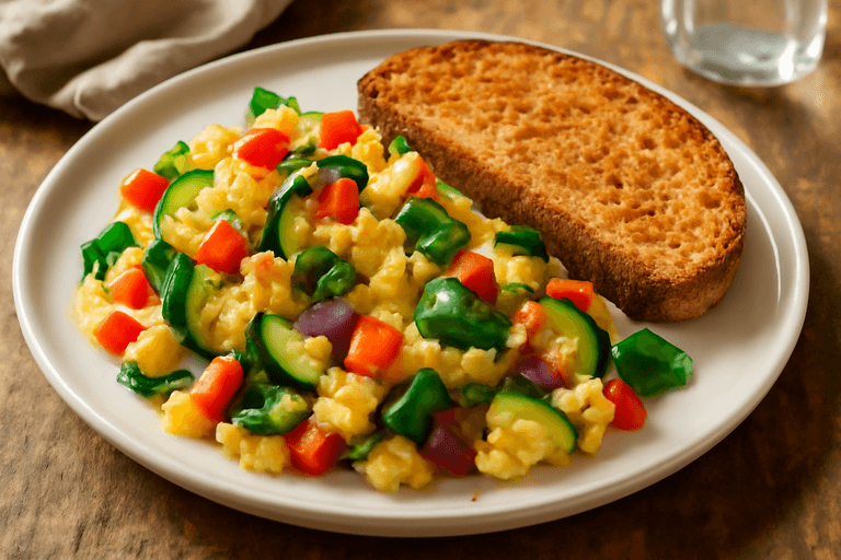 Jajecznica z warzywami i pełnoziarnistym tostem