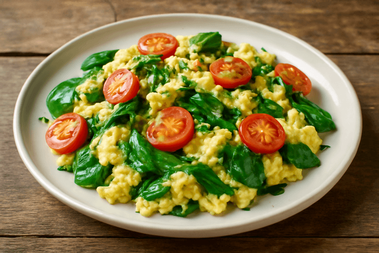 Proteinreiches Rührei mit Spinat und Tomaten