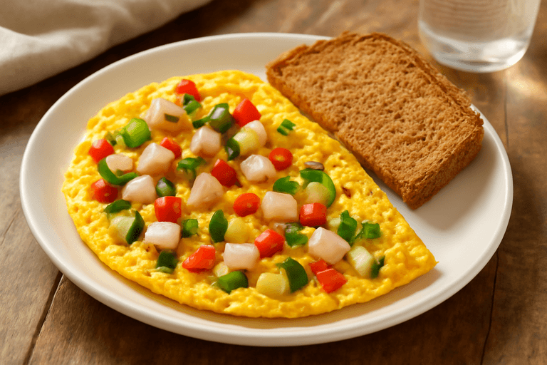 Omlet warzywny z chudą szynką i pełnoziarnistym tostem